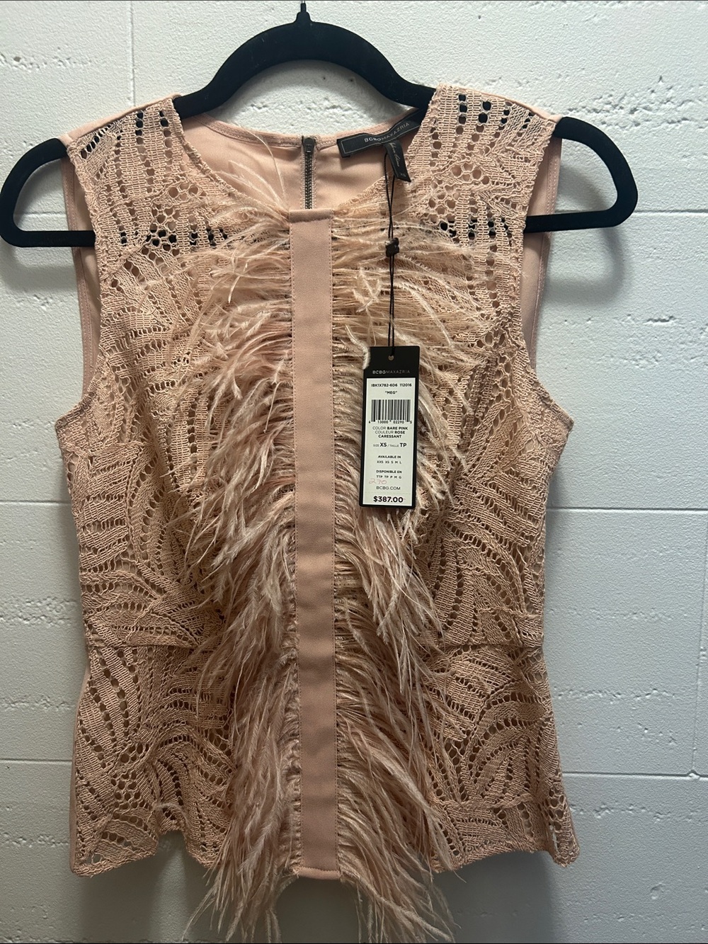 BCBGMaxAzria Blush Pink Feather & Lace Tank